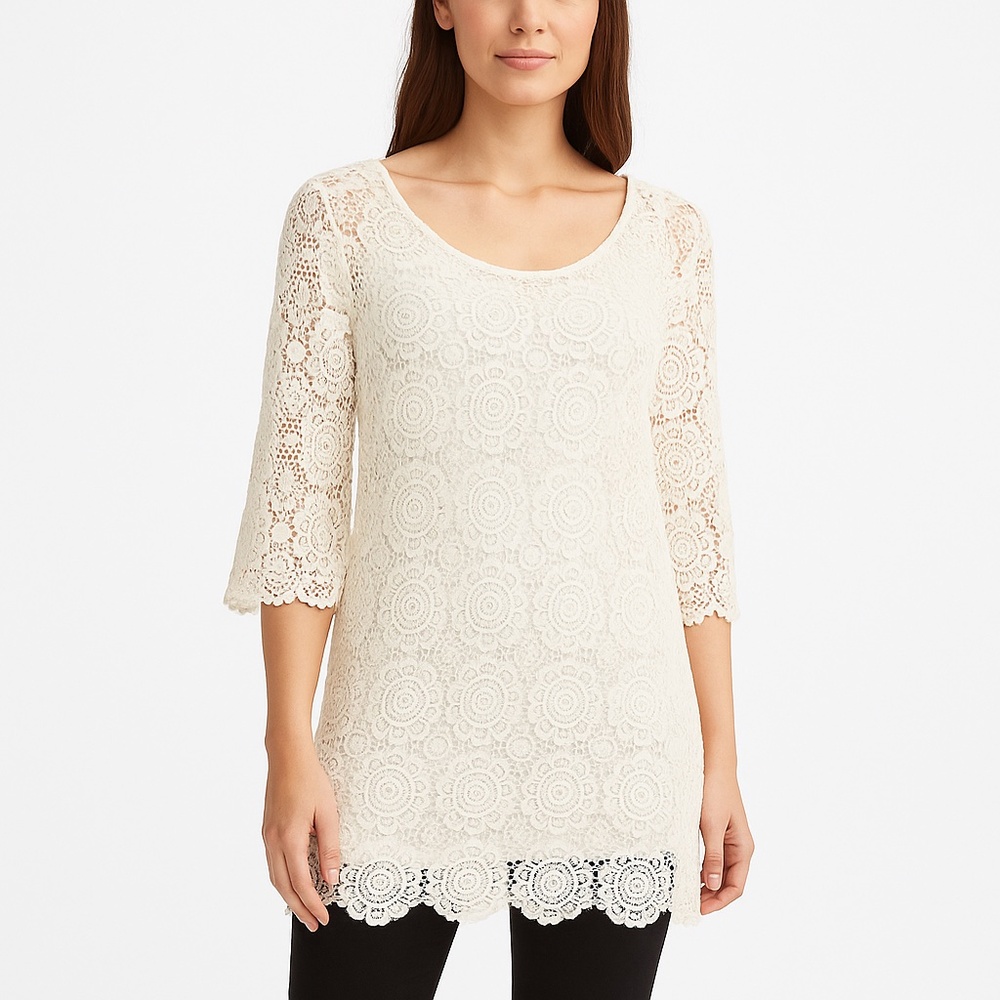 Atmosphere Ivory Lace Tunic Boho Beach Cover Up Floral Size Medium